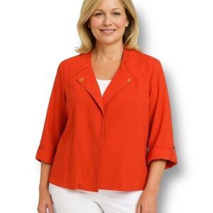 Chico’s 1 (M) Coral Red 100% Linen Jacket Roll Tab Sleeve Open Front Resort Chic